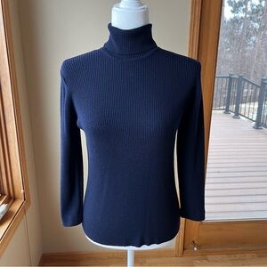 VTG Eileen Fisher Ribbed Turtleneck Sweater M 100% Wool Navy Pullover Hong Kong